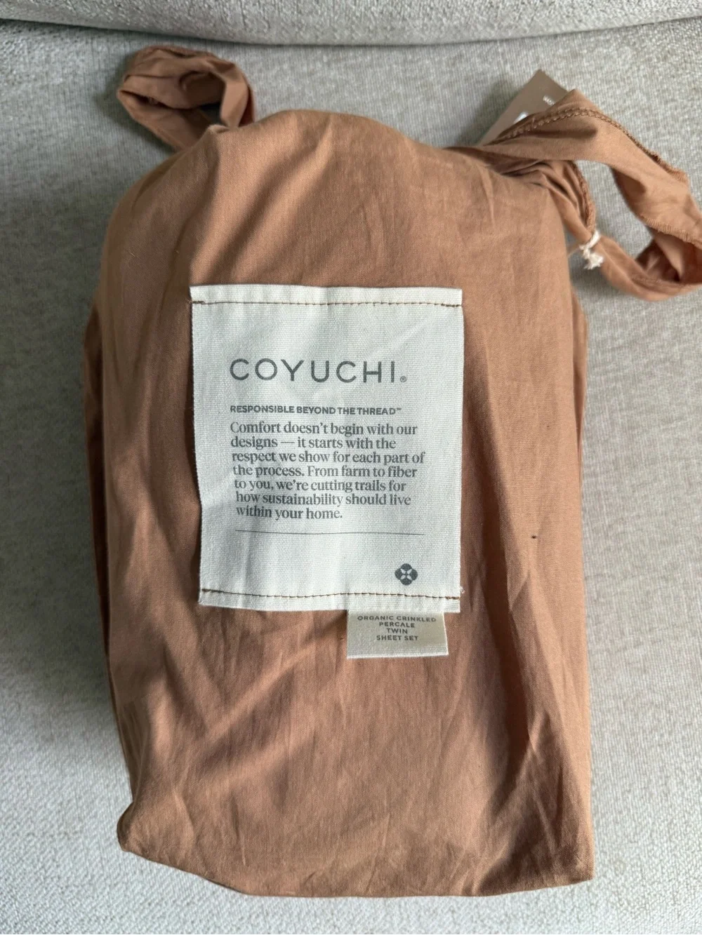 NWT Coyuchi 100% Organic Cotton Crinkled Percale Cooling Sheet Set Ginger (Twin)
